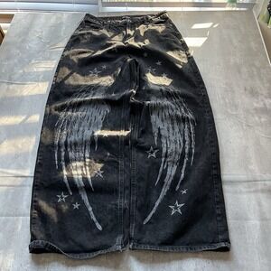 Hot Topic Women Pants 13 Black Denim Wide-Leg Stars Angel Grunge Skater Y2K